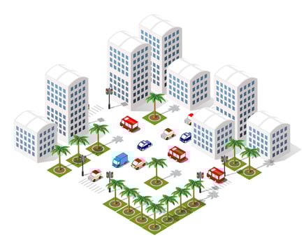 Isometric city with cars and palm trees vector