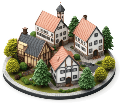 Charming European village model, displayed in a circular layout. png