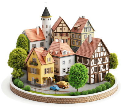 Miniature European village nestled within a circular landscape. png