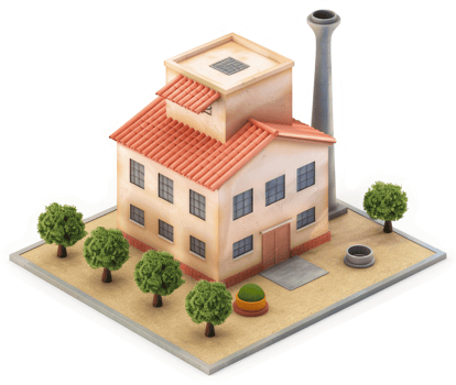 Isometric view of a vintage factory building. png