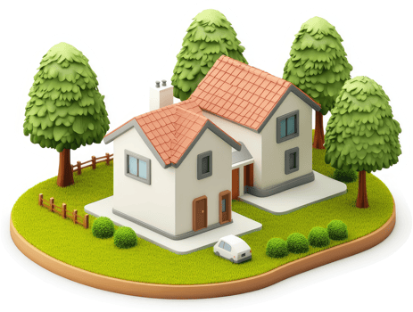 Two-story residential homes on a grassy island. png
