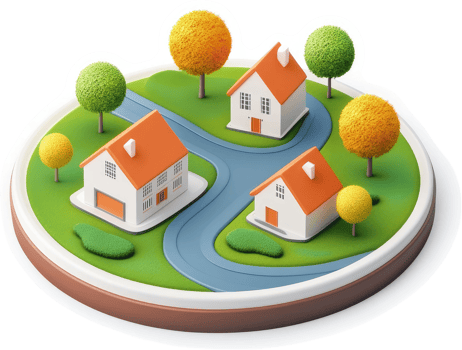 Miniature suburban neighborhood with three houses. png