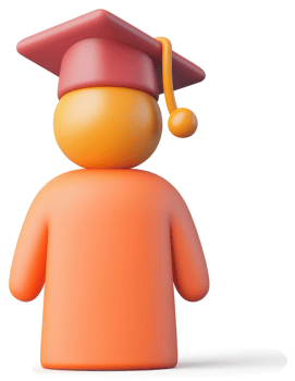Orange graduate figure with maroon cap stands back. png