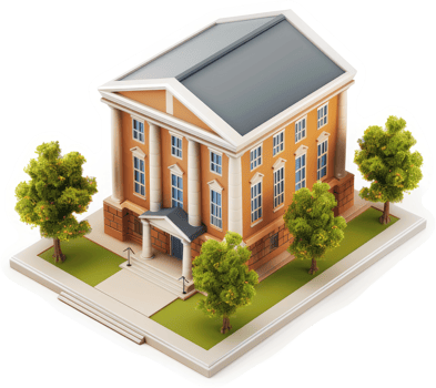 Ornate, classical style building with landscaping. png