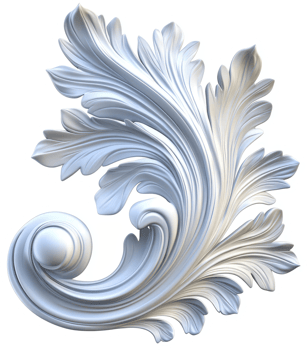 Ornate, stylized, white, decorative architectural element. png