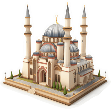 Ornate islamic mosque, architectural model. png