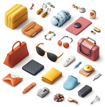 Assorted travel and personal items displayed in a grid layout. png