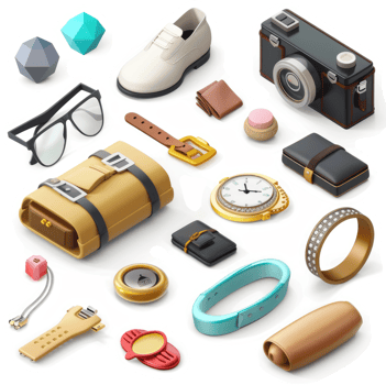 Assorted personal accessories and fashion items depicted in an isometric style. png