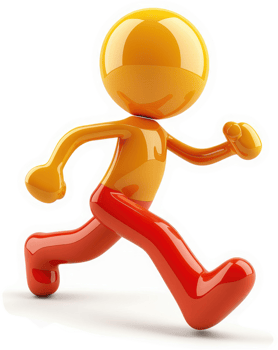 Animated, orange and red figure, in motion, strides forward. png