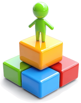 Colorful cubes support a small, green figure. png