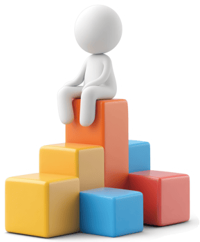 White figure seated atop a colorful, ascending stack of blocks. png
