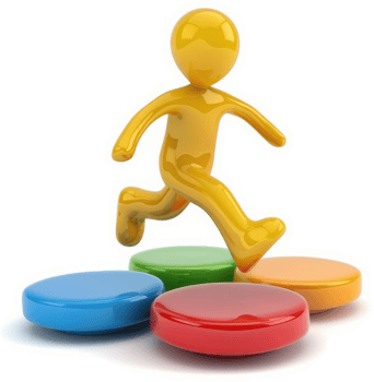 A vibrant yellow figure leaps over colorful stepping stones. png