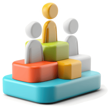 Colorful tiered platform featuring three stylized figures. png