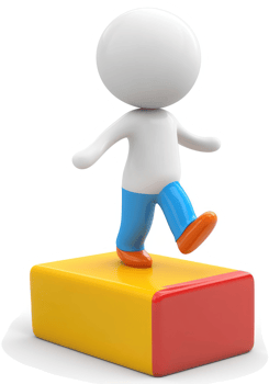 Three-dimensional figure stands on a colorful block. png