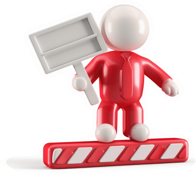 Red-suited figure holding a sign on a barricade. png