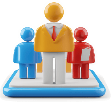 Three stylized figures representing a team leader and subordinates. png