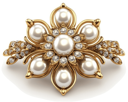 Gold-toned floral brooch adorned with pearls and diamonds. png