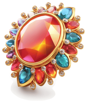Ornate, colorful gemstone brooch with gold setting. png