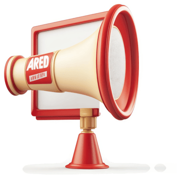 Colorful, toy megaphone with a red base and cream-colored cone. png