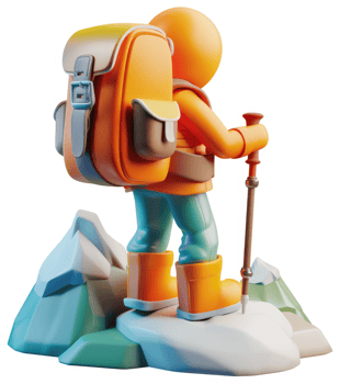 A cheerful figure stands atop a mountain peak, hiking. png