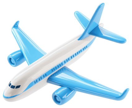 A stylized illustration of a light blue and white airplane. png