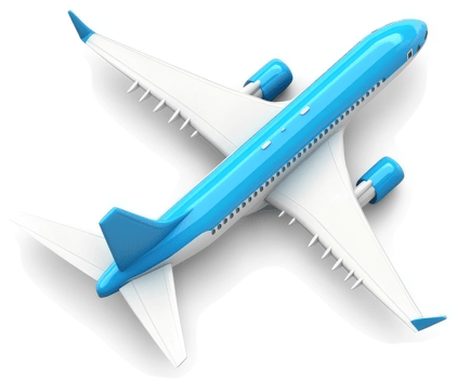 Modern jetliner in vibrant blue and white hues. png