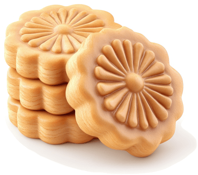 Stacked floral-shaped cookies, light brown in color. png