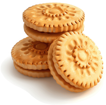 Stack of golden sandwich cookies with decorative patterns. png