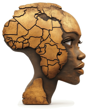 Bronze portrait of an African woman, sculpted with the continent's map. png