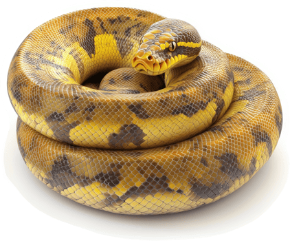 Close-up of a curled ball python with intricate patterns. png
