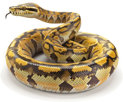 A golden python coils elegantly against a white backdrop. png