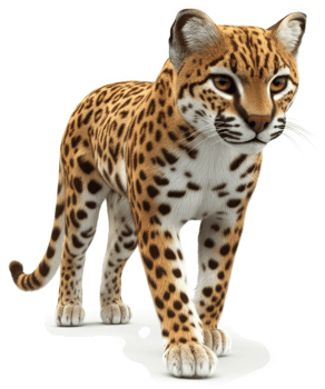 Spotted feline predator in alert posture. png