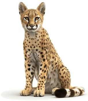 A cheetah sits alert and regal against a plain background. png