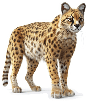 A serval stands poised against a white background. png