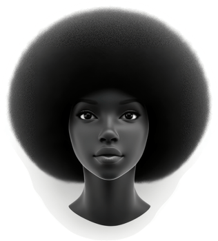 Stylish afro hairstyle adorns a dark-skinned woman's face. png