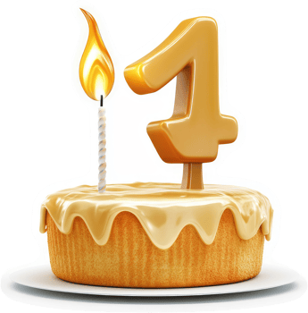 Golden first birthday cake with a burning candle. png