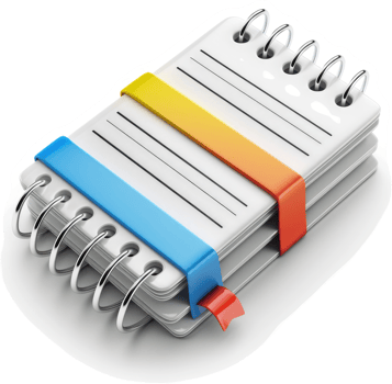 Spiral-bound notebook with colorful bookmarks. png
