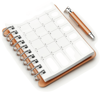 Spiral-bound calendar with pen, ready for scheduling. png