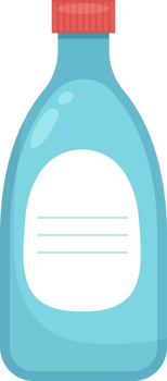 Blue plastic bottle with a red cap and a white label. Container for fluids or household products. png