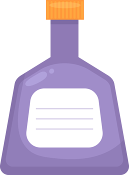 Lavender bottle with an orange cap and a white label with three lines for a name or a description. png