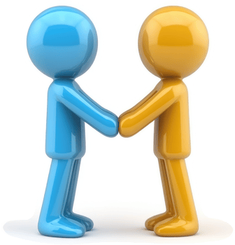 Two stylized figures, light blue and golden yellow, shaking hands. png