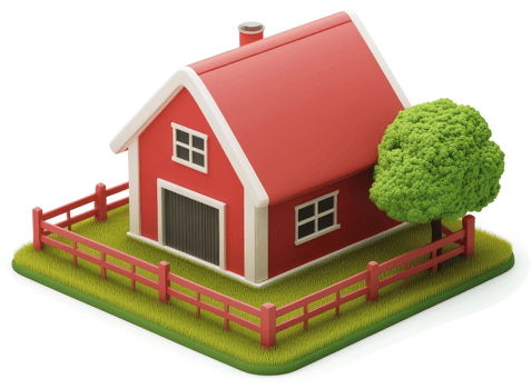 Red cottage with a picket fence and small tree. png