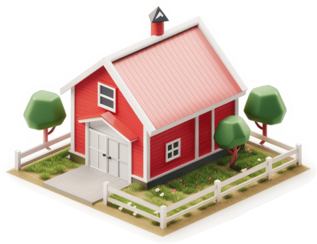 Colorful, stylized illustration of a red barn in a grassy yard. png