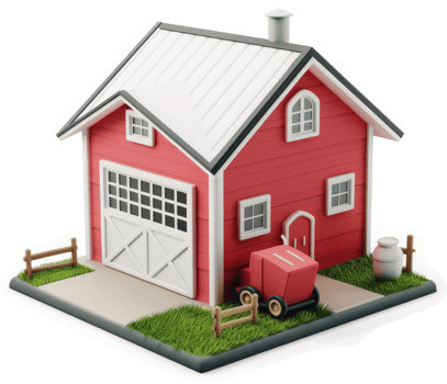 Small, red farm house model with lawn and tools. png