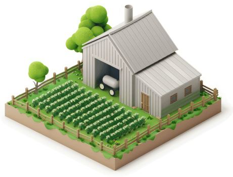 Rural farm scene with barn and crops. png