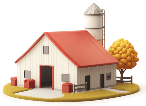 Rural farm scene with barn and silo. png