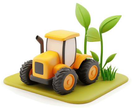 Yellow farm tractor on a grassy field, surrounded by greenery. png