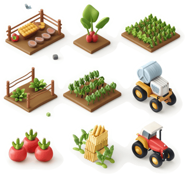 Various agricultural scenes depicted in isometric style. png