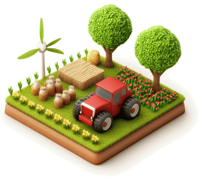 Rural landscape with a tractor and farm equipment. png
