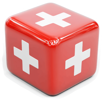 Red medical aid cube with a white cross. png